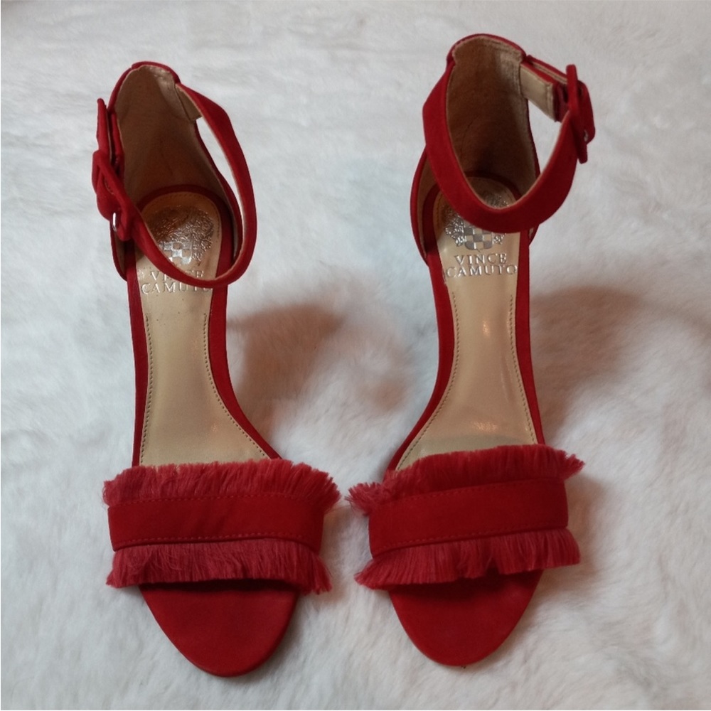 Vince Camuto Red Joshina Fringed Buckle Open Toe High Heels - Picture 3 of 11